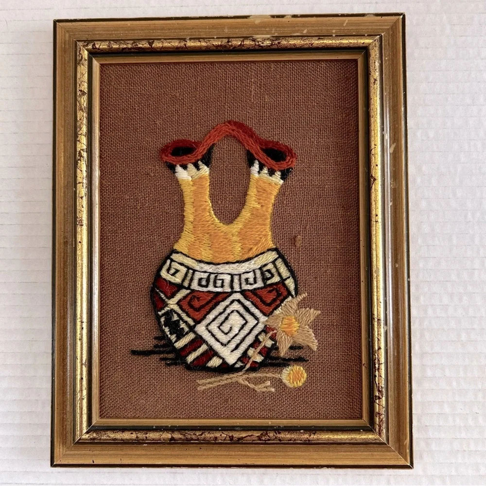 Vintage Sunset Designs Crewel Embroidery SW Native American Vase Wall Art Pair - Picture 8 of 13